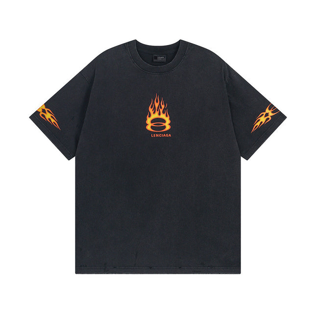 High-Quality Trendy Brand Paris Double Ring 300g Flame Direct Spray Printing Washed Distressed Short-Sleeved T-Shirt for Men and Women Same Style S-Shirt