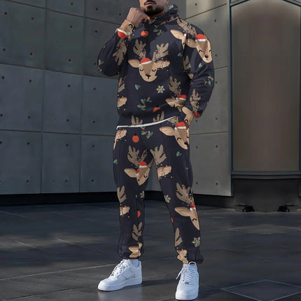 Autumn and Winter Loose 3D Men's Hooded Sweatshirt Set Christmas Printed Sports Two-Piece Set Cross-Border Trendyy Export