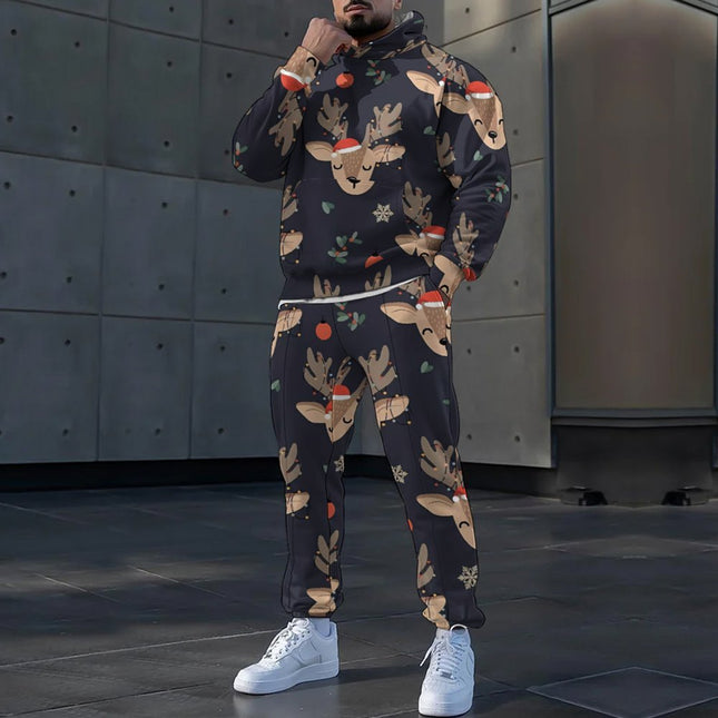 Autumn and Winter Loose 3D Men's Hooded Sweatshirt Set Christmas Printed Sports Two-Piece Set Cross-Border Trendyy Export