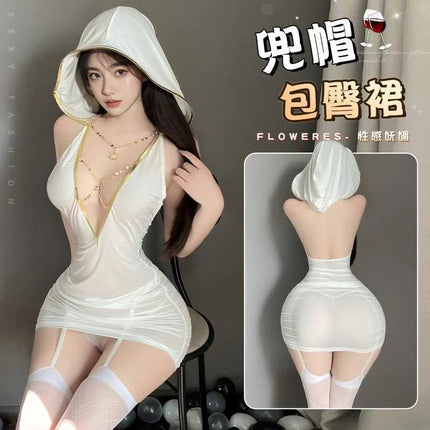 Sexy Deep V Backless See-Through Chain Gold-Edged Hooded Girl Pure Desire White Hip-Hugging Skirt Exotic Style Skirt