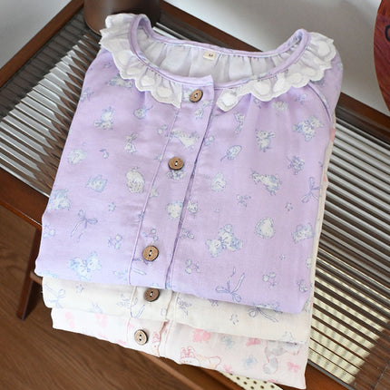 Summer Cotton Short-sleeved Shorts Double-layer Yarn Crewneck Lic Collar Women's Pajamas Home Wear Soft and Sweet Outer Wear