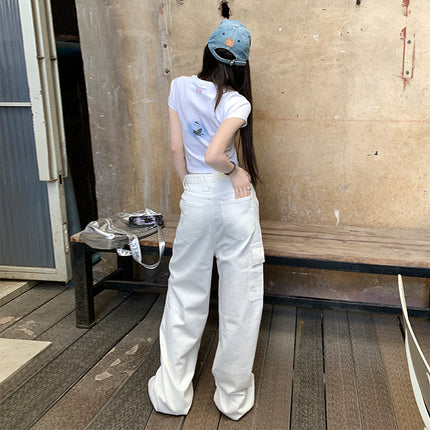 White Retro High Waist Multi-Pocket Wide Leg Crowd Pants Women's Spring and Autumn New Loose Slimming All-match Dipped Pants