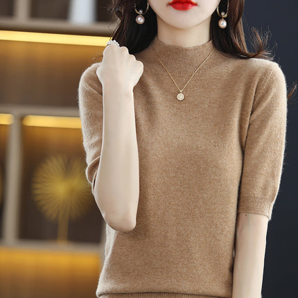 Spring and Autumn New Style Half Turtleneck Mid-Sleeve Bottoming Shirt Thin Knitwear Women's Loose Knitted Knitwear Short-Sleeved Three-Quarter Sleeve Top