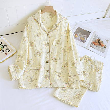 Pure cotton spring and summer nursing pajamas crepe monthly clothing postpartum plus size feeding two-piece pregnant women spring and autumn suit