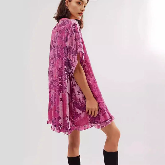 Amazon 2024 Women Fashion Vintage Velvet dress Round Neck Short Sleeve Floral Print Mini Elegant