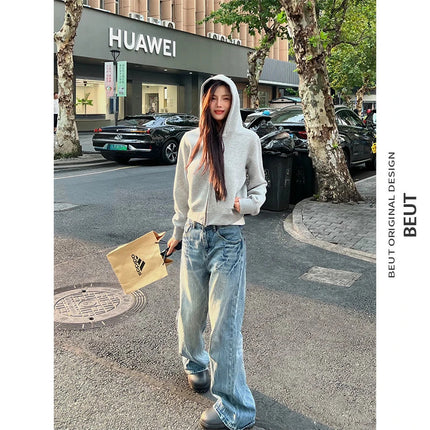 Shandong Jimo Mancaidi Brand American Street Short Double-Ended Zipper Cardigan Hooded Sweatshirt Women's Trendy Hoodie