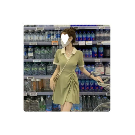 Green Collar Drawstring Dress Summer Women's Design Niche Slim Waist Slimming Casual Shirt Skirt