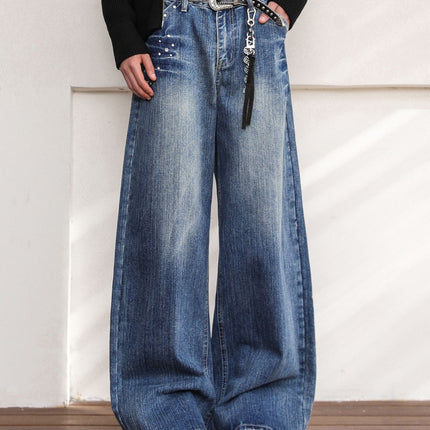 American Retro Rivet Design Jeans for Men and Women, Street Vibe Style Washed Lightning Pattern Straight Pants for Couples