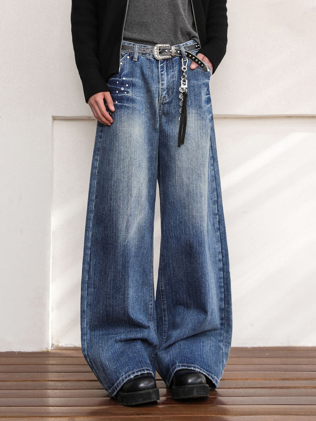 American Retro Rivet Design Jeans for Men and Women, Street Vibe Style Washed Lightning Pattern Straight Pants for Couples