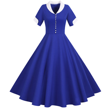 Cross-border Foreign Trade Retro Hepburn Style European and American Summer New Short-sleeved Suit Collar Solid Color Casual Large dress