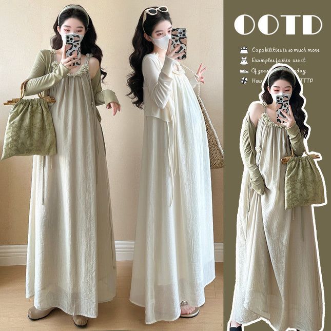 Maternity summer dress 2025 new pregnant mother wear plus size suspenders skirt suit fashion fashion