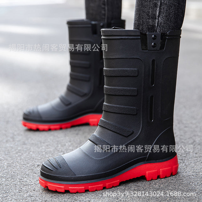 Jundeng Mid-tube British Men's Rain Boots Outdoor Fashion Set-up Men's Waterproof Boots Cowboy Mid-tube Boots Travel Replacement Rubber Shoes