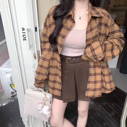 American Retro Green Plaid Shirt Women's 2025 Spring New Design Sense Niche Loose Long Sleeve Shirt Jacket