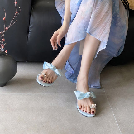 2025 New Summer Flats Bow with Rhinestone Flower Decoration Classic Elegant Sandals