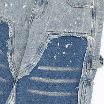 Contrast Color Stitching Cat Must Wash Water Denim Straight Pants Men's Trendy Brand Punk Splash Ink Spray Loose Casual Pants