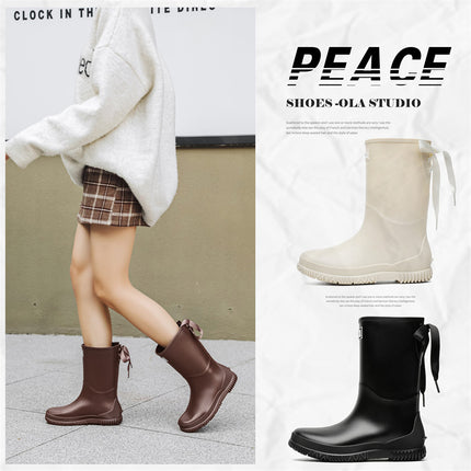 Cross-border Fashion Mid-high Rain Boots Women's Sweet Student All-match Rain Boots Soft Sole Non-slip Camping Shoes Waterproof Car Wash Shoes