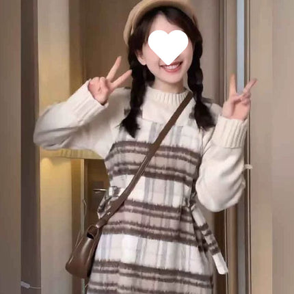 Autumn and Winter 2024 New Mori Retro Plaid Woolen Strap Skirt Niche Design Sense Base Sweater suit