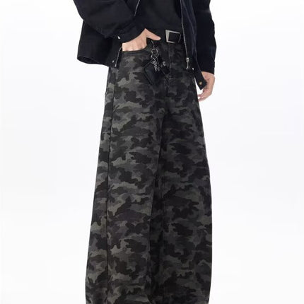 Camouflage Jeans for Men, Washed and Distressed, American Hip-Hop Style, Stylish Curved Knife Pants, Loose and Versatile Floor-Length Pants