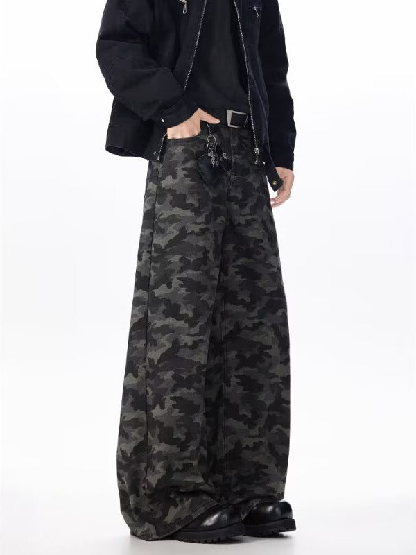 Camouflage Jeans for Men, Washed and Distressed, American Hip-Hop Style, Stylish Curved Knife Pants, Loose and Versatile Floor-Length Pants