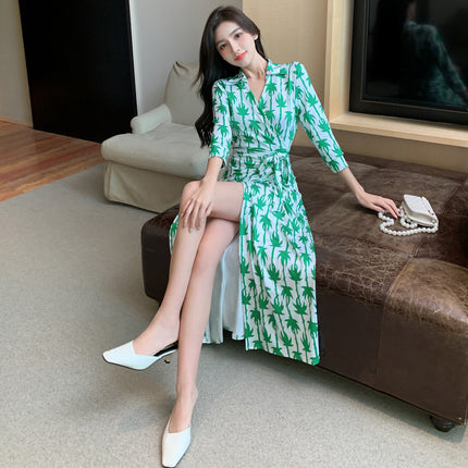 Foreign trade women's clothing real shot in stock wrap dress v-neck green slimming long elegant slim women's waist one-piece