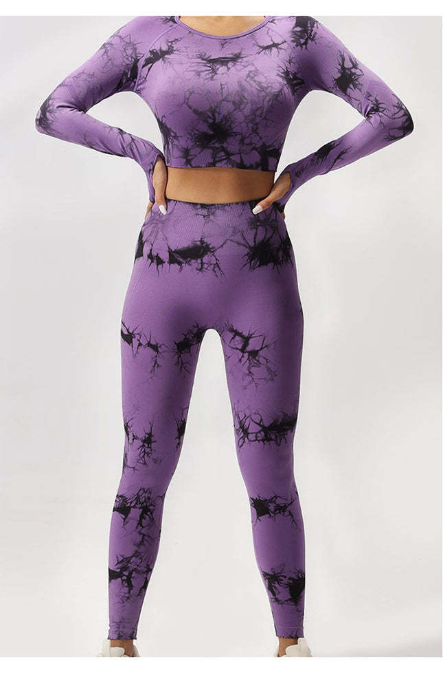 European and American Cross-border Seamless Tie-dyeing Fitness Sports Long Sleeve High Waist Peach Belly Tight Pants Yoga Sports suit