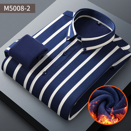 Winter New Elastic Warm One-piece Velvet Casual Men's Shirt Business Cold-proof fleece-lined Striped Shirt for Middle-aged and Elderly