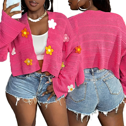 J5085 Amazon Europe and America Cross-border Autumn and Winter New Clear Color Cardigan Embroidered Fashion Loose Casual Sweater Jacket