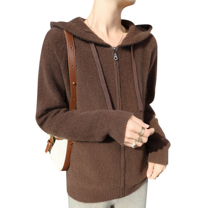 2024 Autumn and Winter New Pure Wool Hooded Sweater Cardigan Women's Loose Casual Zipper Knitted Sweater Coat Hoodie
