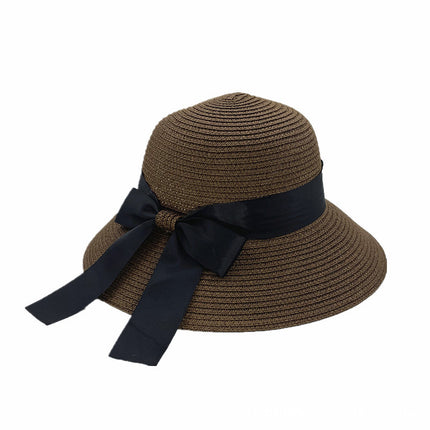 Paper woven straw basin hat bow sun protection straw hat windproof sun hat travel straw hat face slimming lady hat