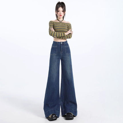 Vintage Mop Wide Leg Jeans Women's 2024 New Autumn Small High Waist Loose Dagging Big Leg Pants