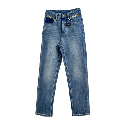 Arc de Triomphe chain design four-sided elastic high-quality jeans super slimming distressed pipe pants women's cropped pants