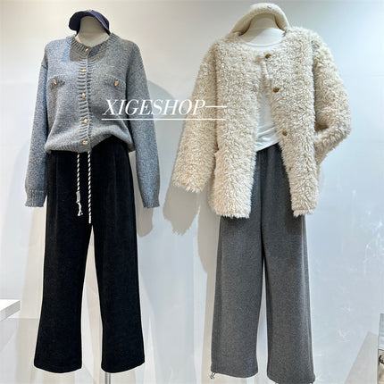 dark gray Cashmere Texted Lazy Wide Leg Floor Pants Women's Winter Thickened fleece-lined Straight Leg Casual Pants