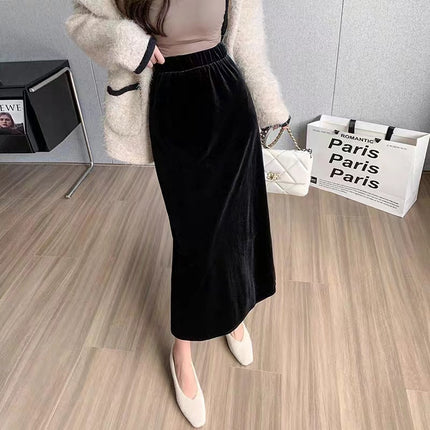 Velvet Skirt Side Open Back Split Skirt Women's Thickened Autumn and Winter 2024 New Mid-length High Waist Black Straight Skirt