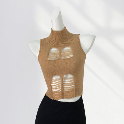Hot Sweetheart Knitted Tight Vest Women's High Collar Open Waist Hole Hollow Sexy American Style Hot Girl Small Top Ins
