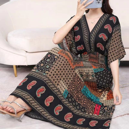 Cross-border ethnic style V-neck cotton silk short-sleeved beach skirt Thailand travel dress summer printed holiday floral skirt