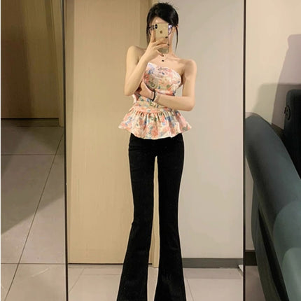 Tall Women's Black Flared Jeans, Spring High-Waisted Slim Fit Stretchy Floor-Length Bootcut Pants