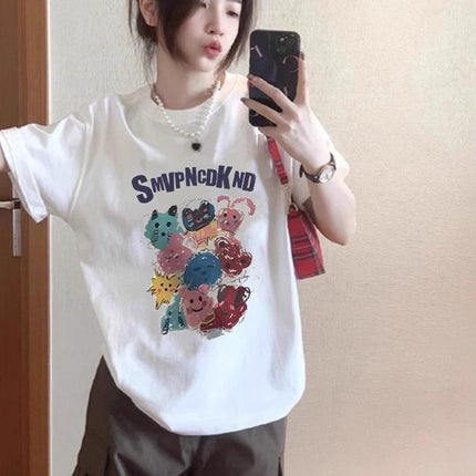 Summer Pure Cotton Short-Sleeved T-Shirt for Women 2026 Colorful Cat Print Design Niche American High Street Loose Half-Sleeve Top