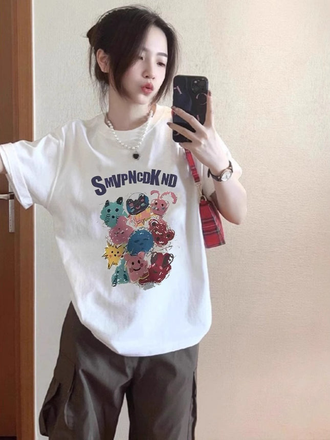 Summer Pure Cotton Short-Sleeved T-Shirt for Women 2026 with Kitten Print Design, Niche American High Street Style, Loose Half-Sleeve Top