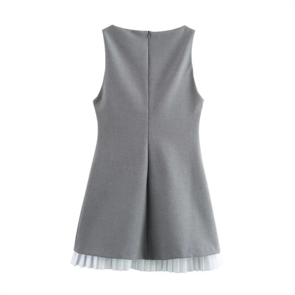 2025 Summer New Sleeveless Short Dress Pleated Hem Boat Neck Stitching Slim Pullover Mini Skirt Women Wholesale
