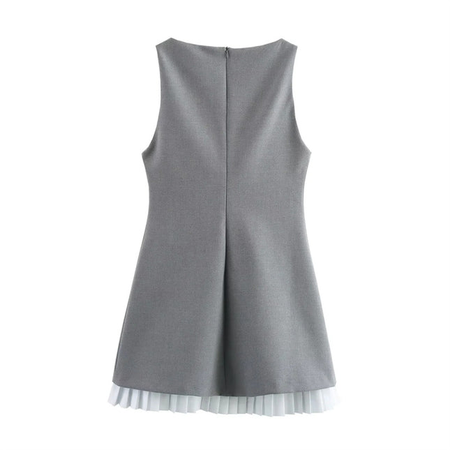 2025 Summer New Sleeveless Short Dress Pleated Hem Boat Neck Stitching Slim Pullover Mini Skirt Women Wholesale