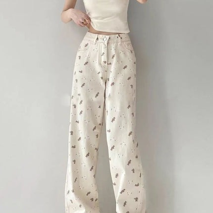 Beige Bear Printed Jeans Women's American-style Printed plus size High-waisted Slim-fit Loose Micro-elastic Straight-leg Wide-leg Pants