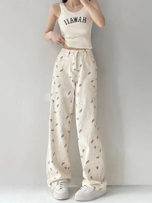 Beige Bear Printed Jeans Women's American-style Printed plus size High-waisted Slim-fit Loose Micro-elastic Straight-leg Wide-leg Pants