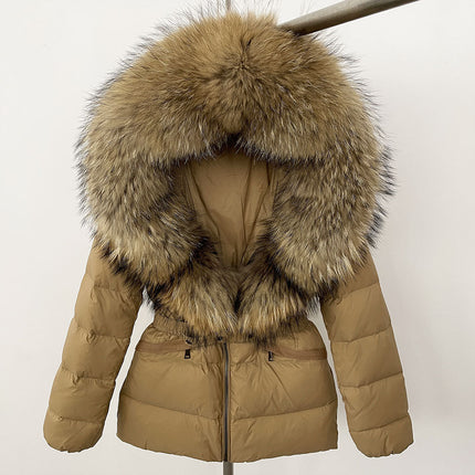 25 New Foreign Trade Hot Style Short Women's Real Fox Fur Collar down Jacket Thickened Slim Waist Fur down Jacket