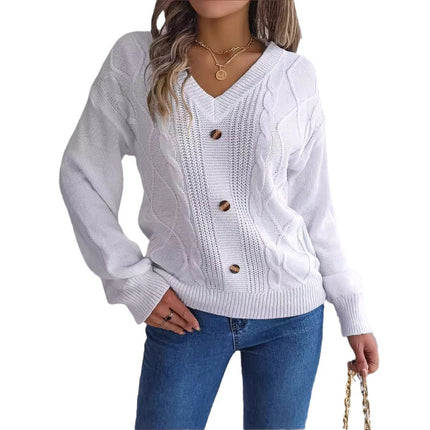 Big Sale 2024 Autumn and Winter Pure Color V Neck Button Twist Lantern Sleeve Pullover Sweater Amazon Cross-Border European and American Clothing