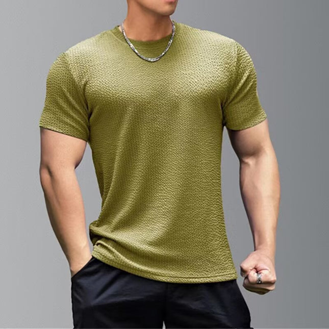 Heavy Texture Round Neck Short-Sleeved Men's T-Shirt Sports Fitness Ironing Trendy Brand Breathable Elastic Summer American New Style