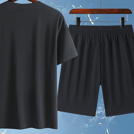 25 Summer Ice Silk Sports and Casual Large Size Short Suit Men's Summer Ice Silk Quick-Drying Ice Silk Two-Piece Running Suit