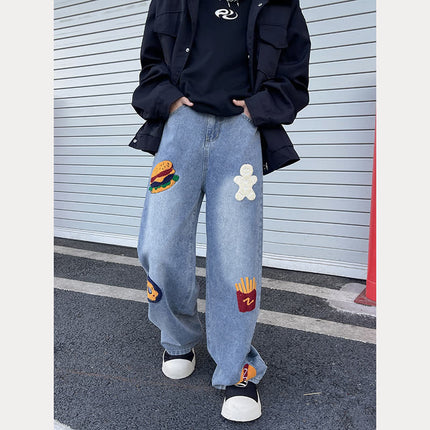 Design Sense Creative Hamburger Towel Embroidered Jeans Men's and Women's Slimming vintage Loose High Street Wide Leg Pants