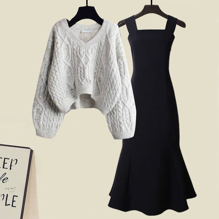 G Autumn suit Women's New Fishtail dress Two-Piece Western-Style French-Style Cross-Knitted Sweater for Women
