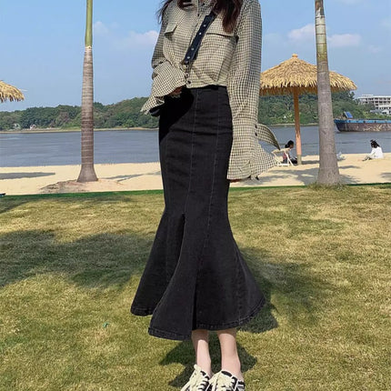 Black Grey Denim Skirt Women's Trendy All-match New Design Sense Niche Hip Fishtail Split Half Skirt