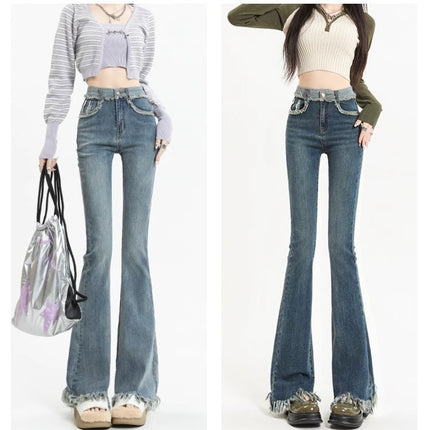 Burr-Edge Micro-Raise Jeans Women's Trendy All-Match New Explosive High-Waist Slim-Fit Horseshoe Trousers